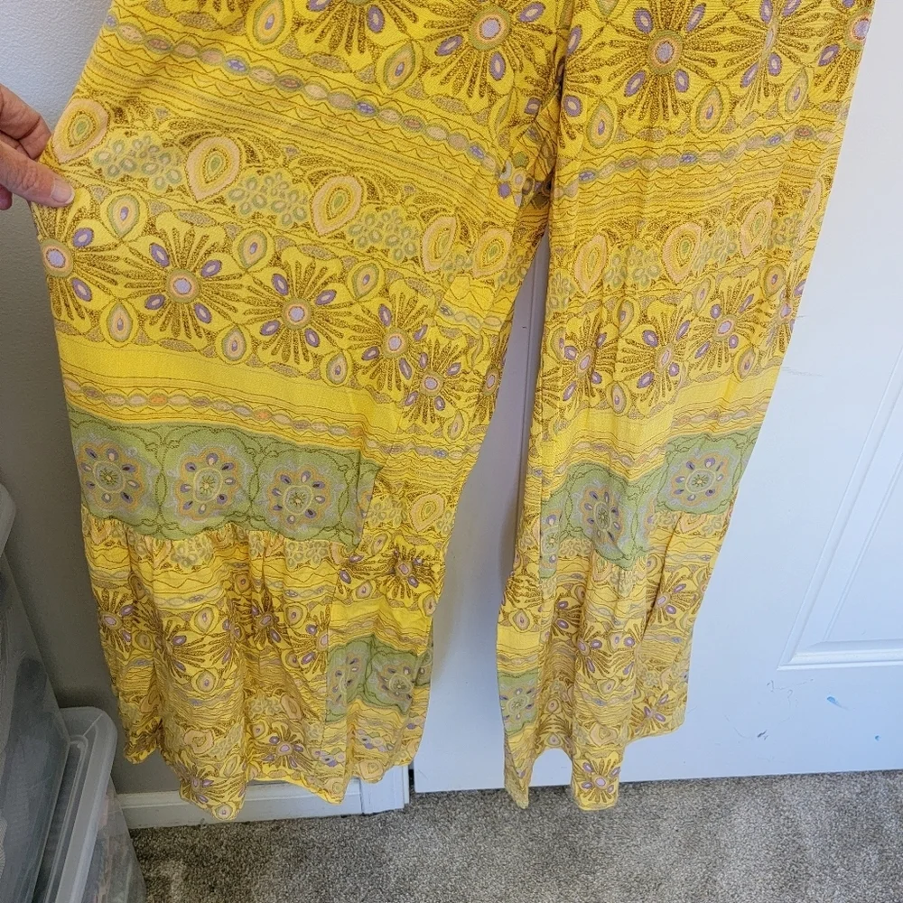 Forever 21 Yellow Green Printed Wide Leg Sleeveless Ruched Top Jumpsuit Size S